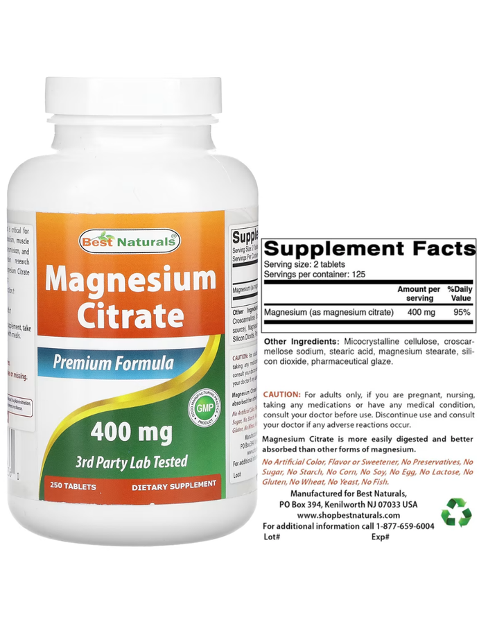 Citrato de magnesio 400mg x 250tab - Best Naturals